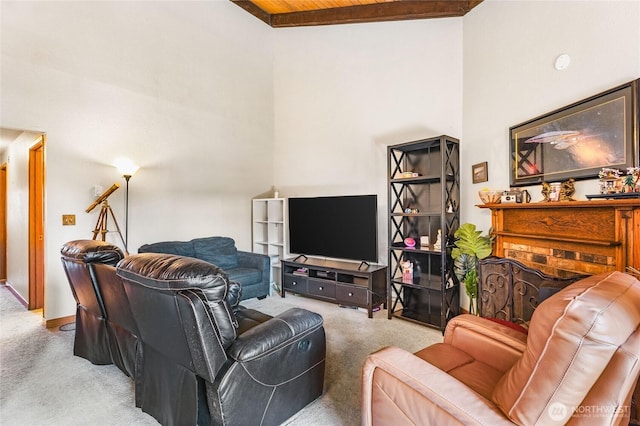 7310 N Skyview Ln Unit J-301, Tacoma, WA 98406 - living room with carpet, a towering ceiling, and wooden ceiling