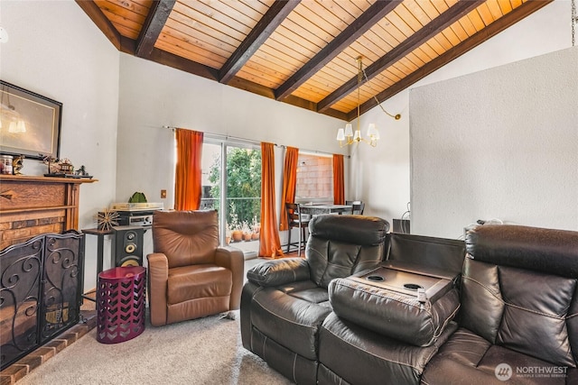 7310 N Skyview Ln Unit J-301, Tacoma, WA 98406 - living room with wooden ceiling, carpet, a fireplace, and a chandelier