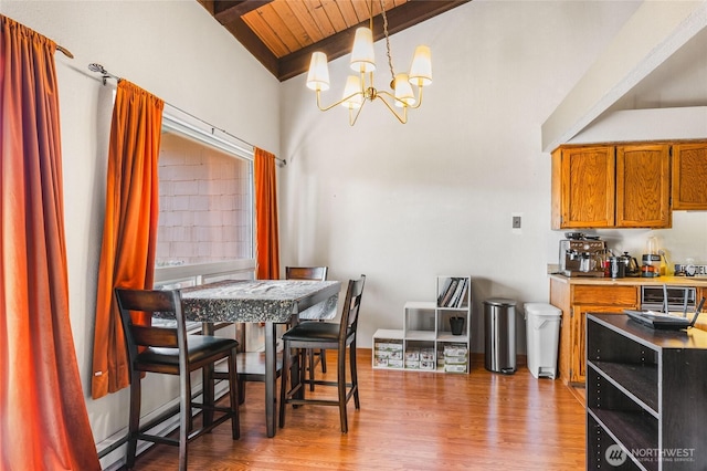 7310 N Skyview Ln Unit J-301, Tacoma, WA 98406 - dining space with a chandelier, light wood-style floors, and a wood ceiling with exposed beams