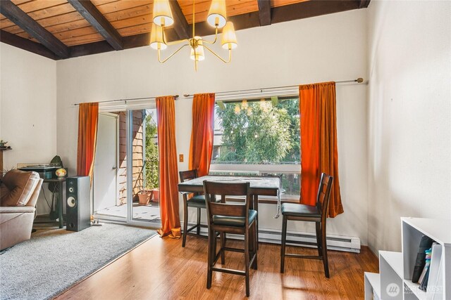 7310 N Skyview Ln Unit J-301, Tacoma, WA 98406 - dining area featuring a baseboard heating unit, plenty of natural light, a chandelier, wood finished floors, and a wooden ceiling with exposed beams