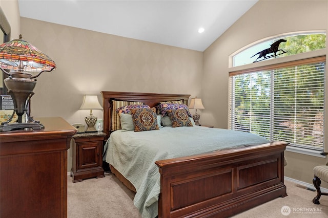 461 Klahhane Rd, Sequim, WA 98382 - bedroom with light colored carpet, lofted ceiling, and recessed lighting