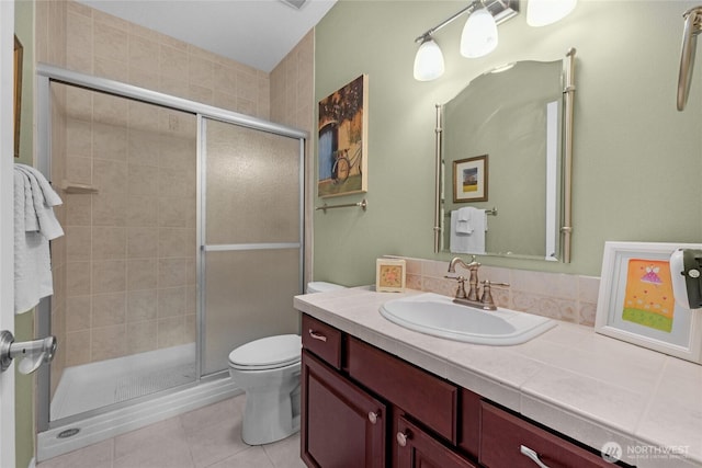 461 Klahhane Rd, Sequim, WA 98382 - bathroom featuring vanity, a shower stall, and tile patterned flooring