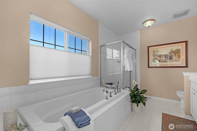 461 Klahhane Rd, Sequim, WA 98382 - full bath featuring a garden tub, a shower stall, vanity, and tile patterned flooring