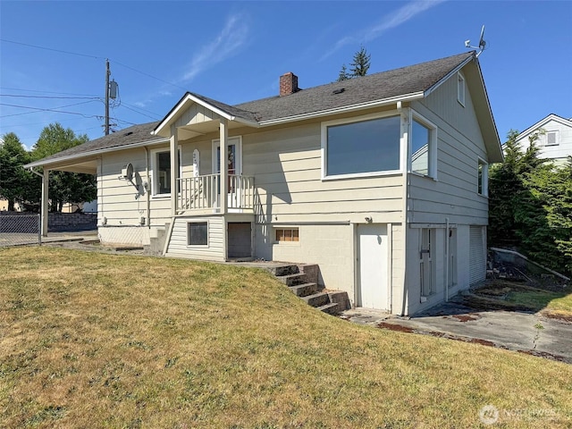 2310 S Laurel St, Port Angeles, WA 98362 - view of front of property featuring a chimney, a front yard, stairway, and a shingled roof