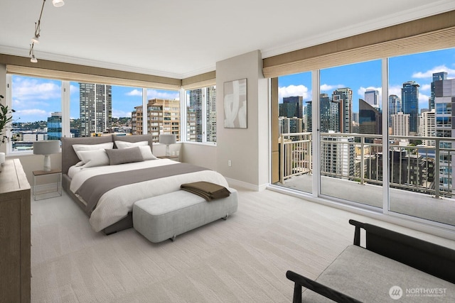 2600 2nd Ave Unit 2501, Seattle, WA 98121 - bedroom with a view of skyline, carpet, access to outside, and ornamental molding