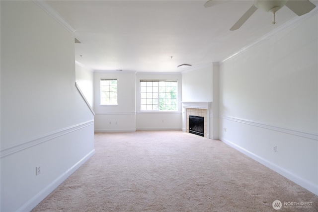 28710 S 34th Ave Unit B5, Auburn, WA 98001 - unfurnished living room with crown molding, carpet flooring, a fireplace, and ceiling fan