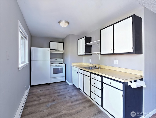 2716 S 256th Pl, Kent, WA 98032 - kitchen featuring white appliances, under cabinet range hood, open shelves, light countertops, and dark wood-type flooring