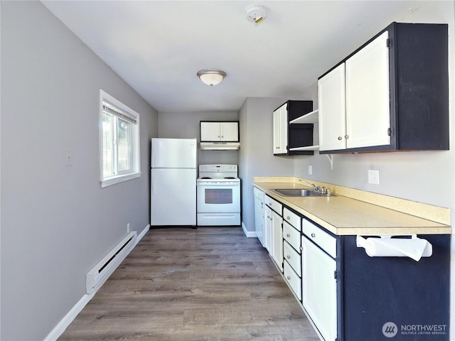 2716 S 256th Pl, Kent, WA 98032 - kitchen with white appliances, baseboard heating, under cabinet range hood, open shelves, and white cabinets