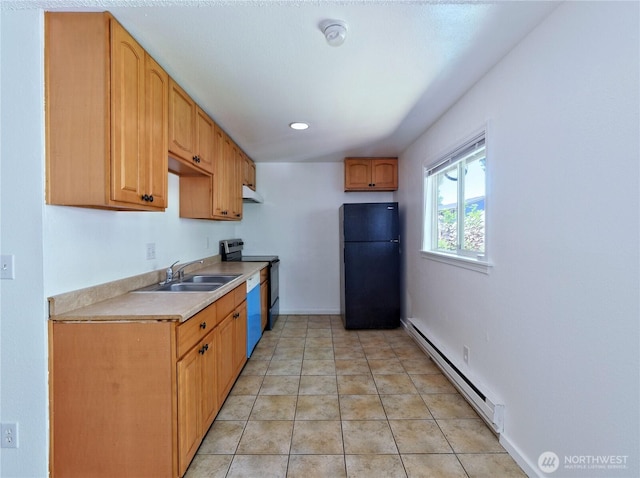 2716 S 256th Pl, Kent, WA 98032 - kitchen with baseboard heating, black appliances, light countertops, and under cabinet range hood