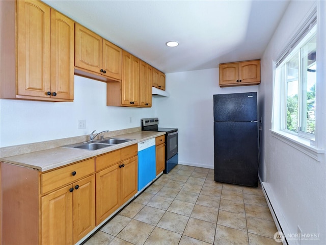 2716 S 256th Pl, Kent, WA 98032 - kitchen featuring freestanding refrigerator, electric range oven, dishwasher, a baseboard radiator, and under cabinet range hood