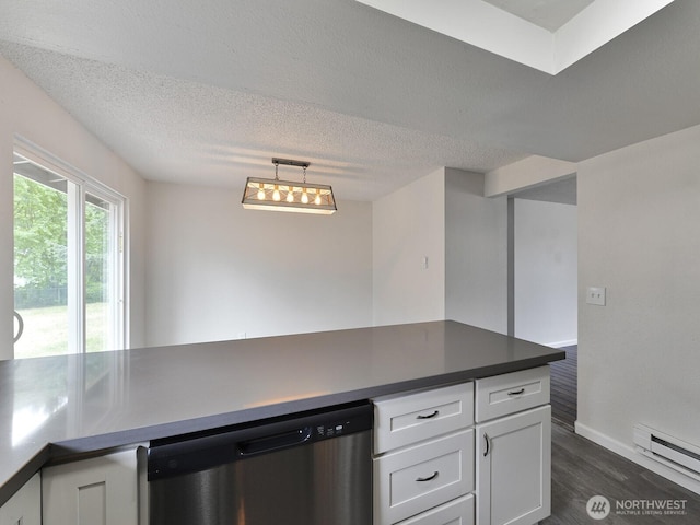 2705 181st Ave E, Lake Tapps, WA 98391 - kitchen featuring dishwasher, white cabinetry, a baseboard radiator, dark wood-style floors, and a textured ceiling