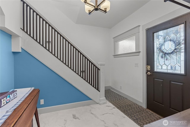 3738 E J St, Tacoma, WA 98404 - foyer with stairs, a chandelier, and marble look tiles