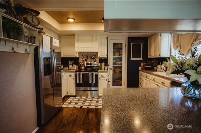 1327 Marie View St, Port Angeles, WA 98363 - kitchen featuring stainless steel appliances, a tray ceiling, a peninsula, dark wood-type flooring, and white cabinetry