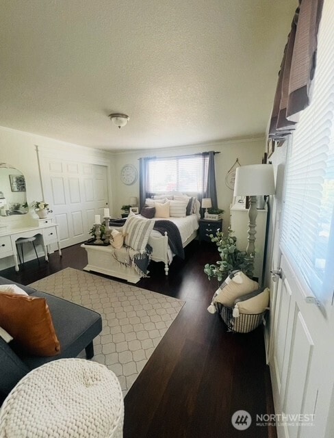 1327 Marie View St, Port Angeles, WA 98363 - bedroom with dark wood-style floors, a textured ceiling, and a closet
