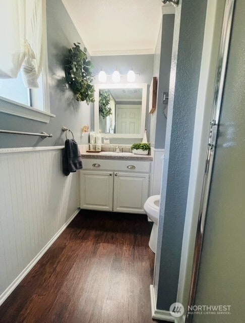 1327 Marie View St, Port Angeles, WA 98363 - bathroom with wood finished floors, vanity, and a shower stall
