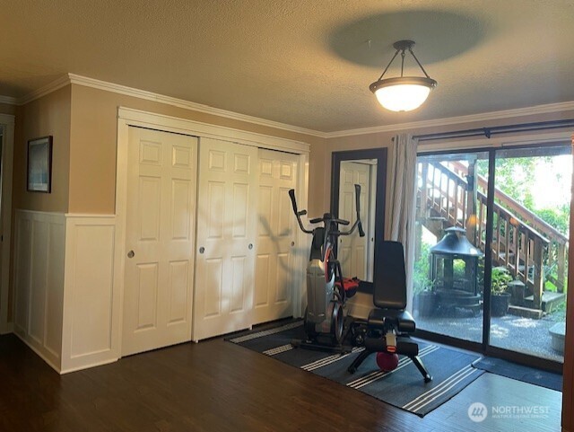 1327 Marie View St, Port Angeles, WA 98363 - exercise area with dark wood finished floors, crown molding, a wainscoted wall, a textured ceiling, and a decorative wall