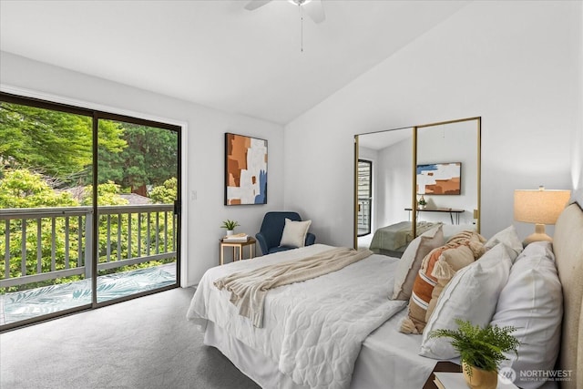 728 NW 189th Ln, Shoreline, WA 98177 - carpeted bedroom featuring access to outside, lofted ceiling, and a ceiling fan