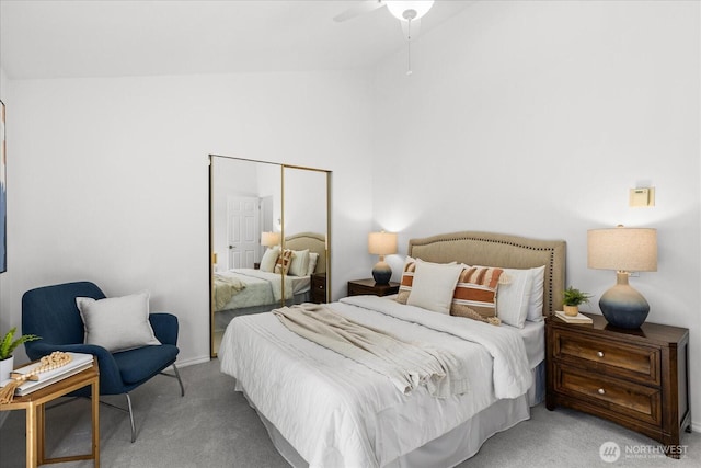 728 NW 189th Ln, Shoreline, WA 98177 - bedroom featuring carpet, high vaulted ceiling, and ceiling fan