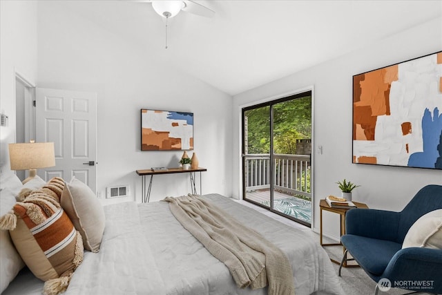 728 NW 189th Ln, Shoreline, WA 98177 - bedroom with access to outside, vaulted ceiling, and a ceiling fan