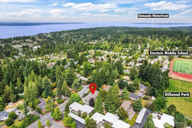 728 NW 189th Ln, Shoreline, WA 98177 - aerial overview of property's location with a large body of water and nearby suburban area