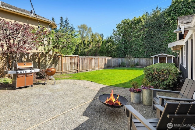 10261 NE 21st Pl, Bellevue, WA 98004 - fenced backyard with a patio area, a fire pit, a grill, and a storage shed