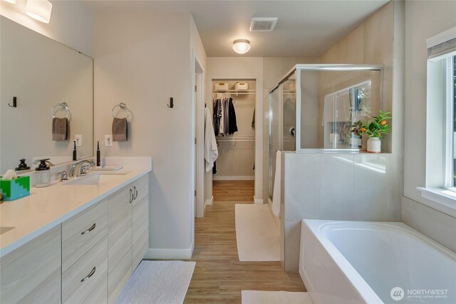 15539 Bergh Ct SE, Yelm, WA 98597 - bathroom with a shower stall, double vanity, a bath, a spacious closet, and plenty of natural light