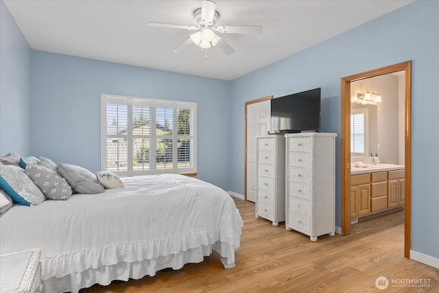 8051 283rd St NW, Stanwood, WA 98292 - bedroom featuring light wood finished floors, connected bathroom, and a ceiling fan