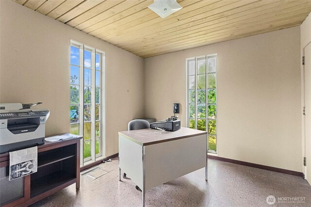 46372 E Main St, Concrete, WA 98237 - home office with wooden ceiling, healthy amount of natural light, and speckled floor