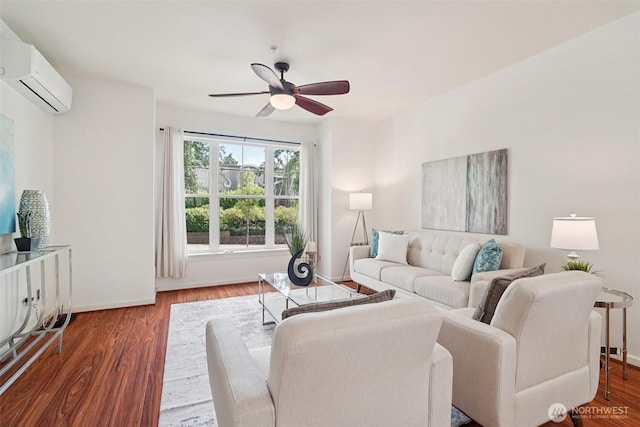 1899 NE Kenyon Ct, Issaquah, WA 98029 - living room with a ceiling fan, an AC wall unit, and wood finished floors
