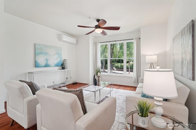 1899 NE Kenyon Ct, Issaquah, WA 98029 - living area featuring a wall unit AC, ceiling fan, and wood finished floors