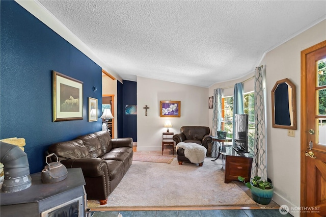 472 Iris Ln, Camano Island, WA 98282 - living room featuring a textured ceiling, healthy amount of natural light, and vaulted ceiling