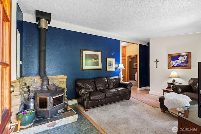 472 Iris Ln, Camano Island, WA 98282 - living area with a wood stove and a textured ceiling