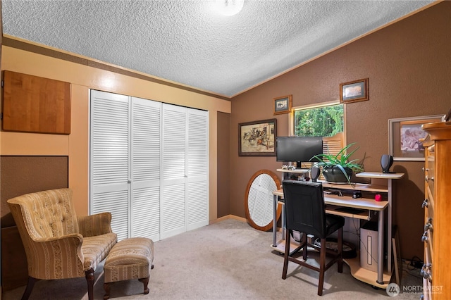 472 Iris Ln, Camano Island, WA 98282 - carpeted office space with lofted ceiling, a textured ceiling, and crown molding
