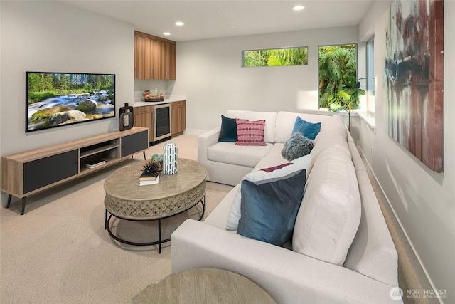 10915 126th Pl NE, Kirkland, WA 98033 - living area with wine cooler, recessed lighting, light carpet, and bar area