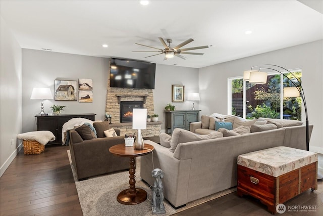 6010 155th St SW, Edmonds, WA 98026 - living area with a ceiling fan, recessed lighting, a stone fireplace, and dark wood-type flooring