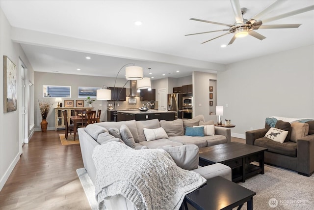 6010 155th St SW, Edmonds, WA 98026 - living room with a ceiling fan, light wood-style flooring, and recessed lighting