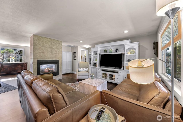 6008 S Bakerview Park Dr, Ferndale, WA 98248 - living area featuring wood finished floors, a tile fireplace, and recessed lighting