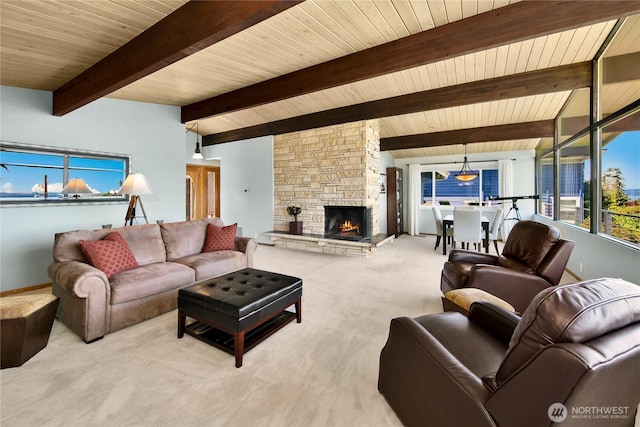 29812 Marine View Dr SW, Federal Way, WA 98023 - carpeted living room with a stone fireplace and wood ceiling