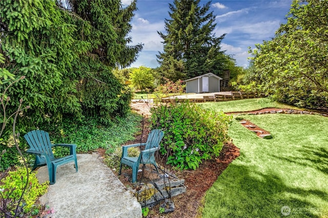 29812 Marine View Dr SW, Federal Way, WA 98023 - view of green lawn with a storage shed and a patio area