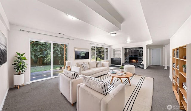 21313 2nd Dr SE, Bothell, WA 98021 - carpeted living room featuring a brick fireplace and baseboards