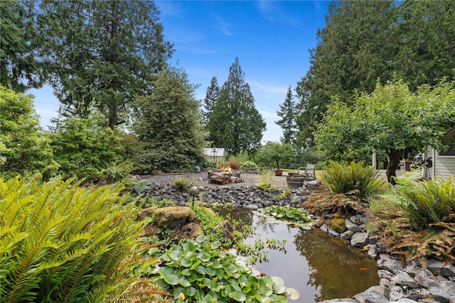 23019 Arlington Heights Rd, Arlington, WA 98223 - view of yard featuring an outdoor fire pit and a small pond
