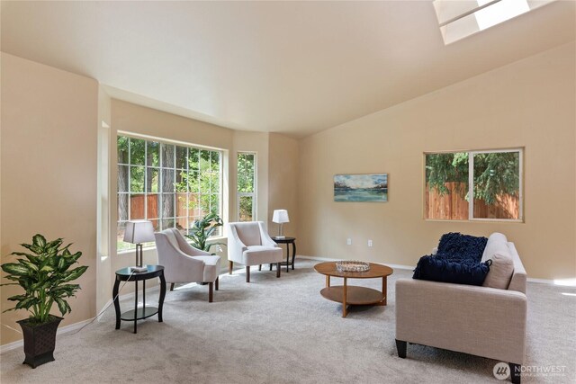 6401 151st St NW, Gig Harbor, WA 98332 - sitting room featuring carpet flooring, a skylight, and lofted ceiling