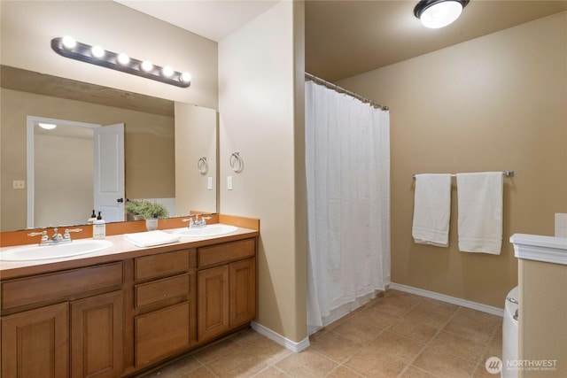 6401 151st St NW, Gig Harbor, WA 98332 - full bath with double vanity, a shower with curtain, and tile patterned flooring