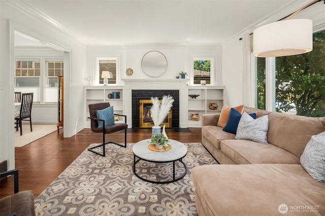 6518 18th Ave NE, Seattle, WA 98115 - living room featuring dark wood-type flooring, crown molding, and a fireplace with flush hearth
