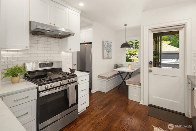 6518 18th Ave NE, Seattle, WA 98115 - kitchen with stainless steel appliances, under cabinet range hood, dark wood-style flooring, white cabinets, and tasteful backsplash