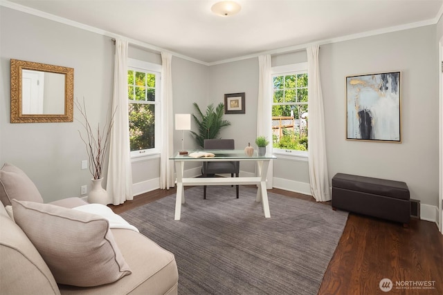 6518 18th Ave NE, Seattle, WA 98115 - office area with dark wood-style flooring, plenty of natural light, and ornamental molding