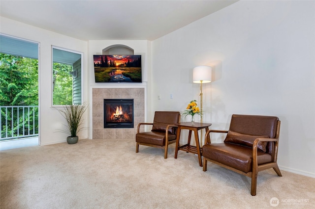 12712 Admiralty Way Unit B202, Everett, WA 98204 - living area featuring carpet floors and a tile fireplace
