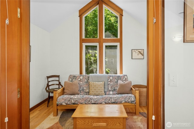 5579 NE Foster Rd, Bainbridge Island, WA 98110 - living room featuring vaulted ceiling and light wood-style flooring
