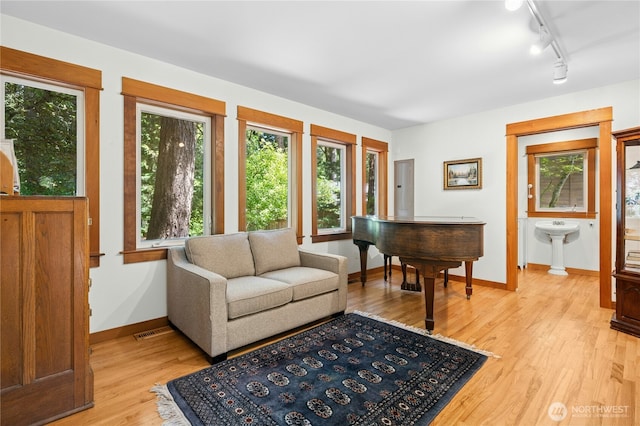 5579 NE Foster Rd, Bainbridge Island, WA 98110 - living room with plenty of natural light, track lighting, and light wood finished floors