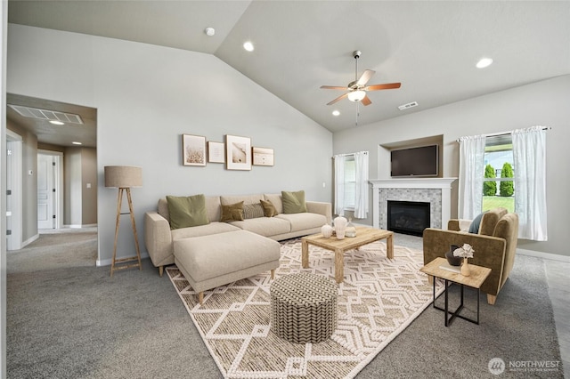 1330 Caprio Loop, Walla Walla, WA 99362 - carpeted living room with ceiling fan, lofted ceiling, recessed lighting, and a fireplace
